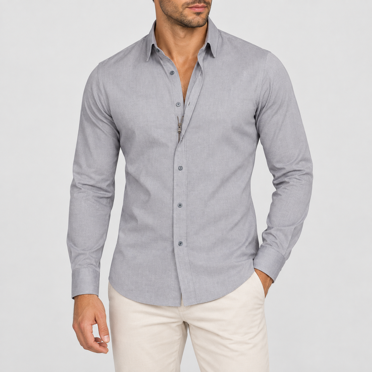 Slim Fit Long Sleeve Button Up Shirt in Grey, worn on a model.