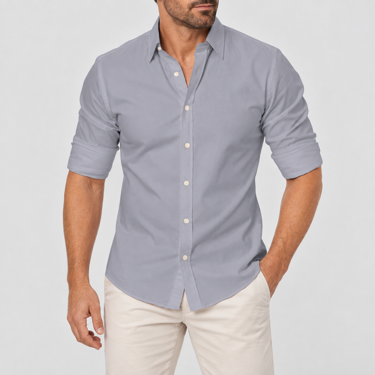 Slim Fit Long Sleeve Button Up Shirt, worn on a model.