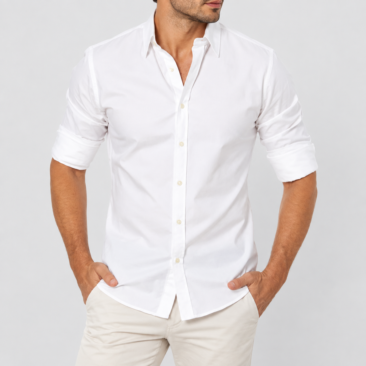 Slim Fit Long Sleeve Button Up Shirt in White, worn on a model.