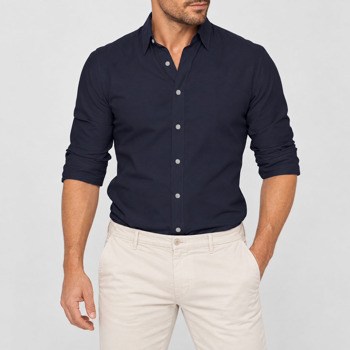 Slim Fit Long Sleeve Button Up Shirt in Blue, worn on a model.