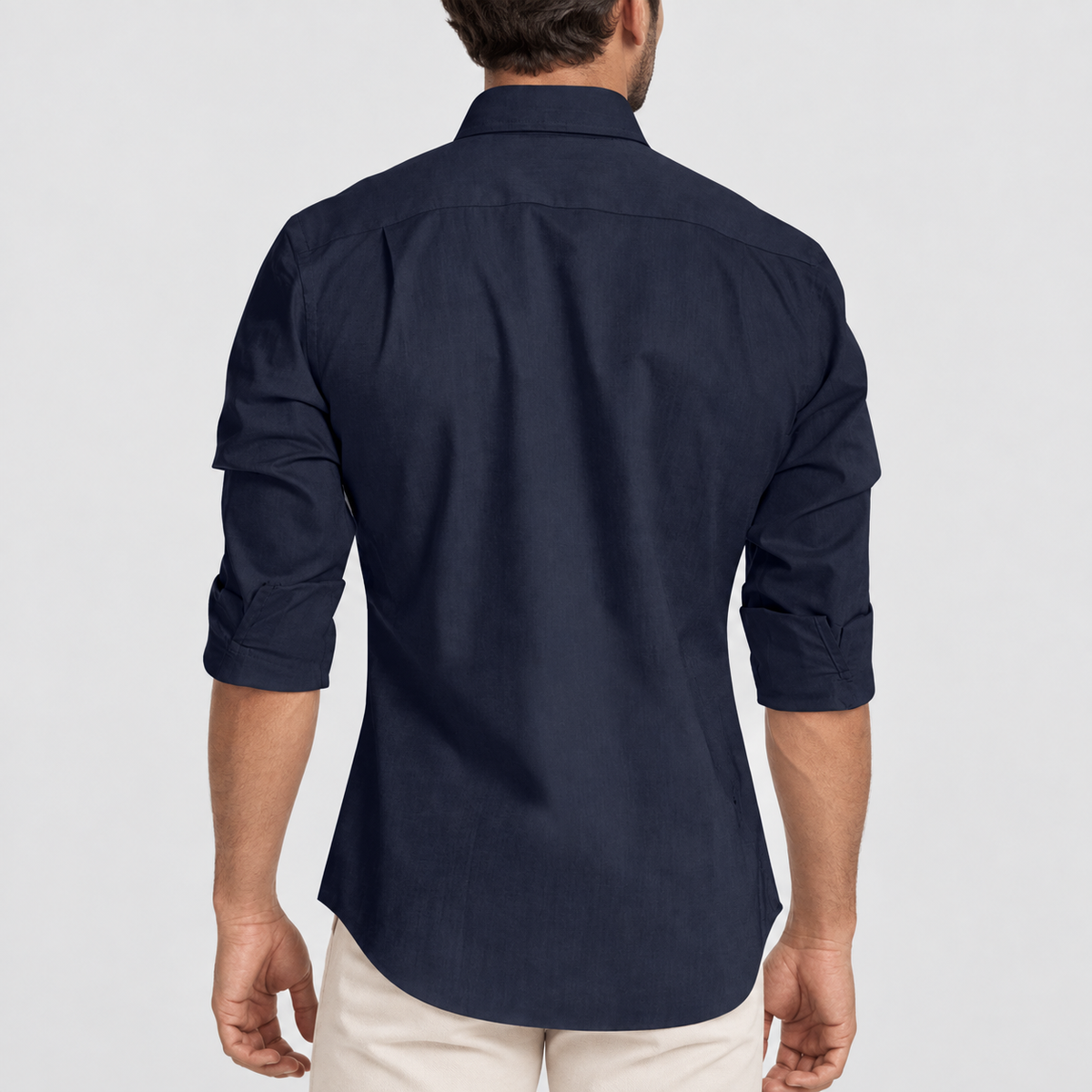 Slim Fit Long Sleeve Button Up Shirt, worn on a model.