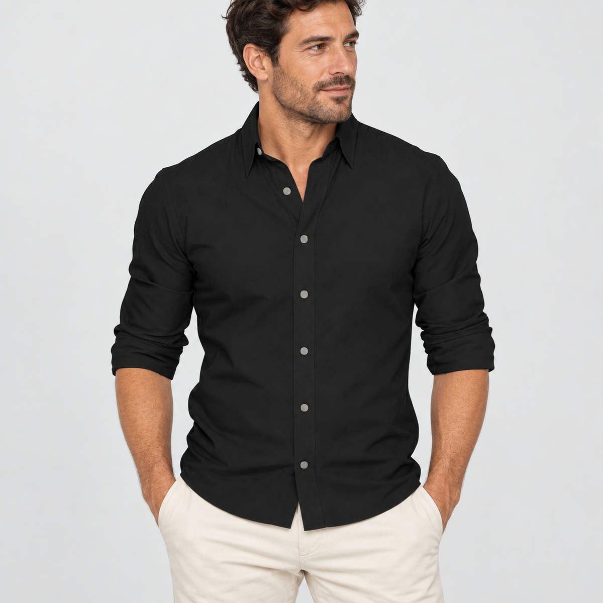 Slim Fit Long Sleeve Button Up Shirt, worn on a model.