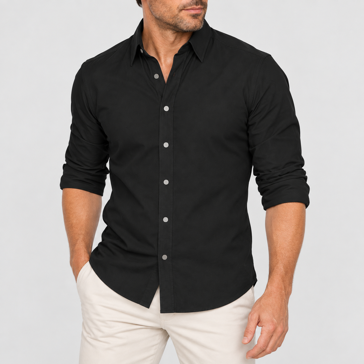 Slim Fit Long Sleeve Button Up Shirt, worn on a model.