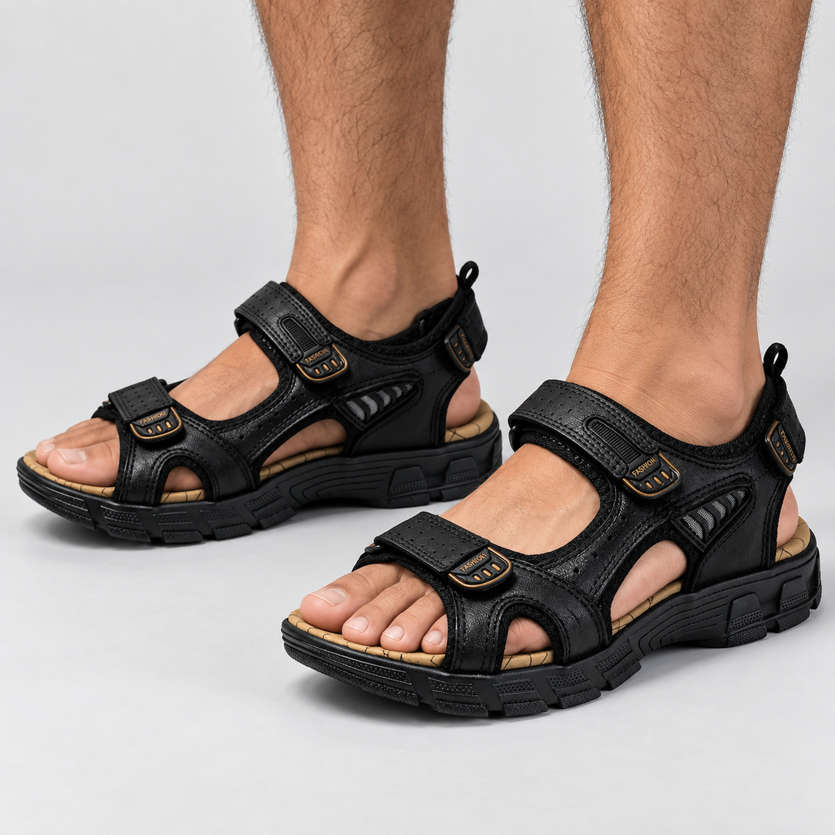 Open Toe Sport Sandals with Adjustable Straps in Black, worn on a model.