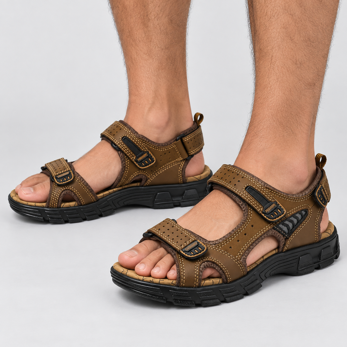 Open Toe Sport Sandals with Adjustable Straps in Dark brown, worn on a model.