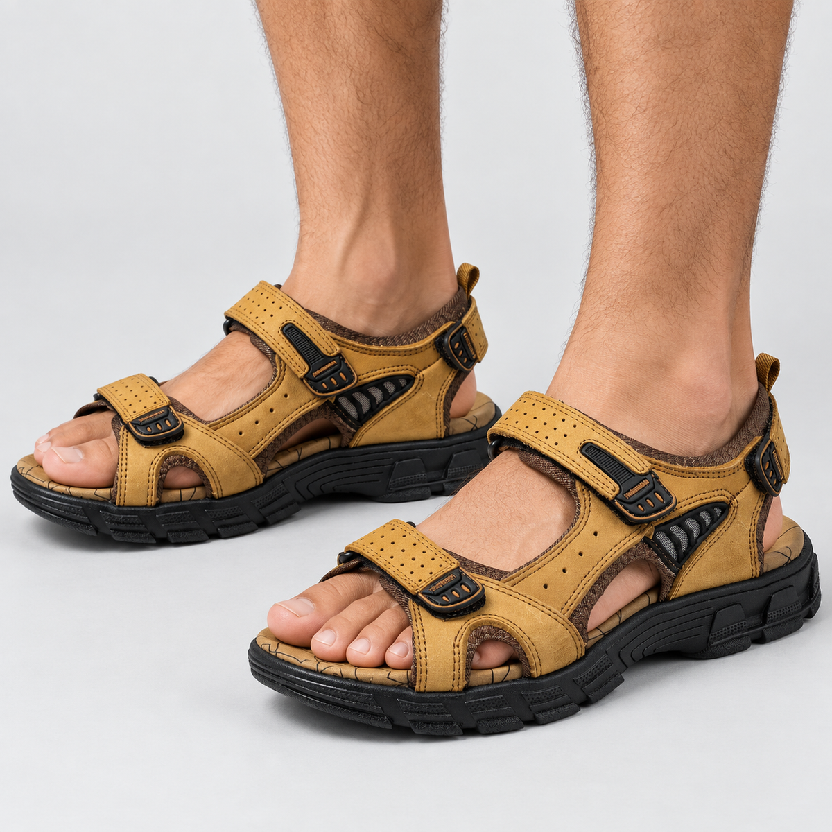 Open Toe Sport Sandals with Adjustable Straps in Yellow brown, worn on a model.