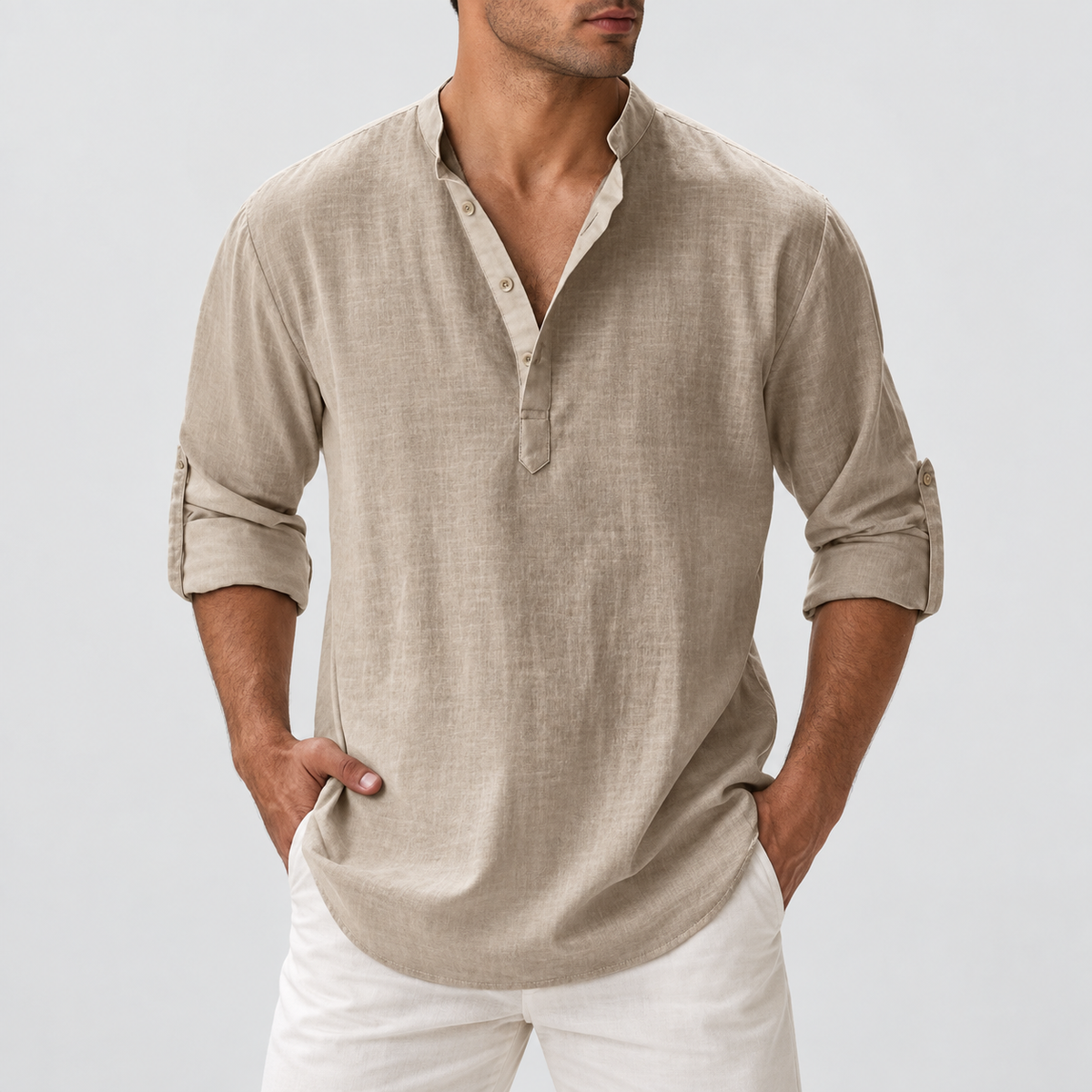 Relaxed Fit Button Neck Henley Shirt in Beige, worn on a model.