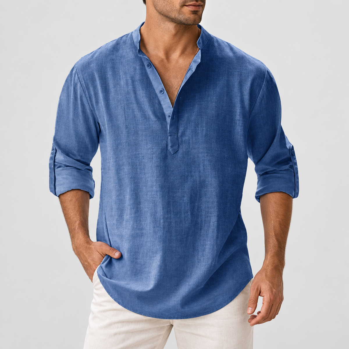 Relaxed Fit Button Neck Henley Shirt in Blue, worn on a model.