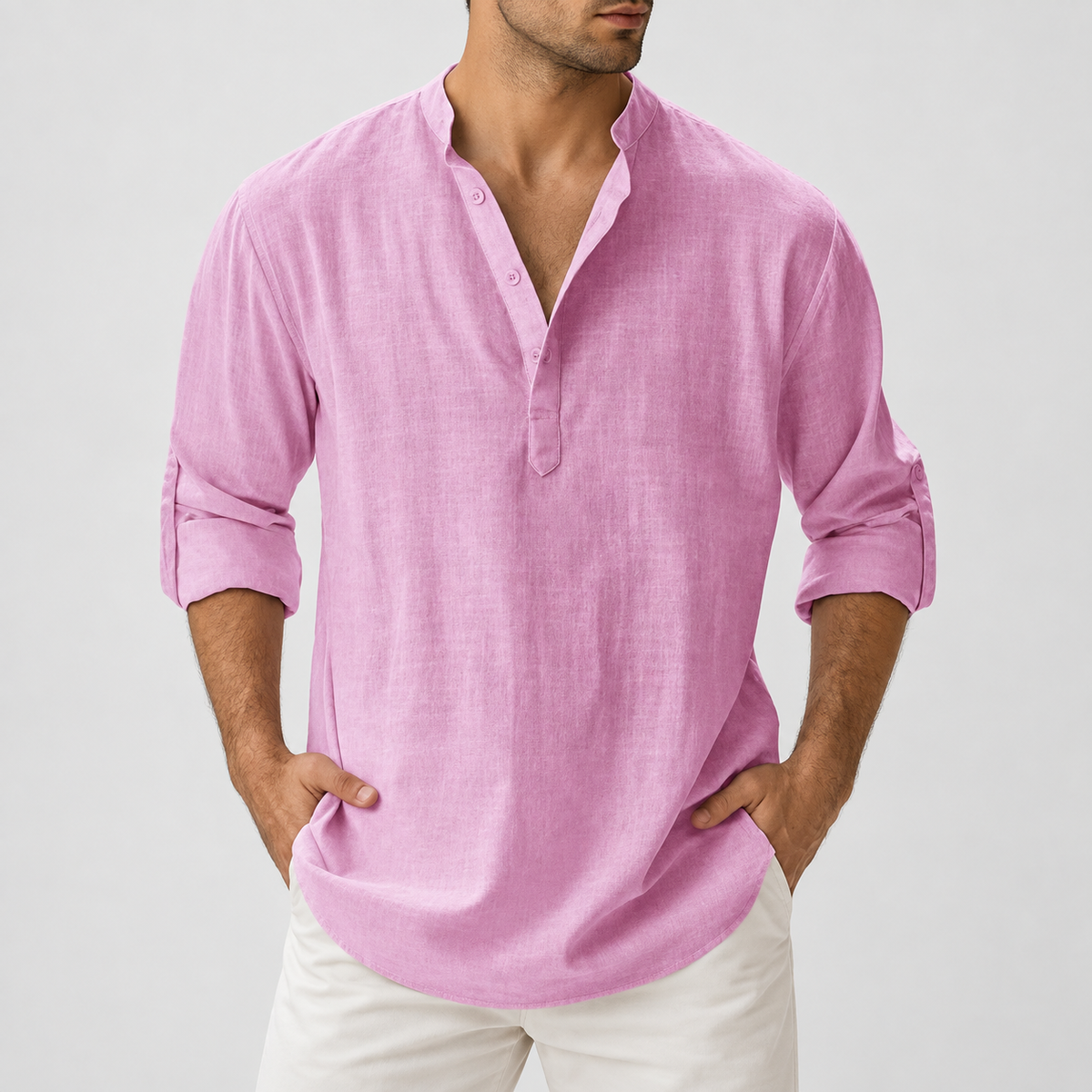 Relaxed Fit Button Neck Henley Shirt in Pink, worn on a model.