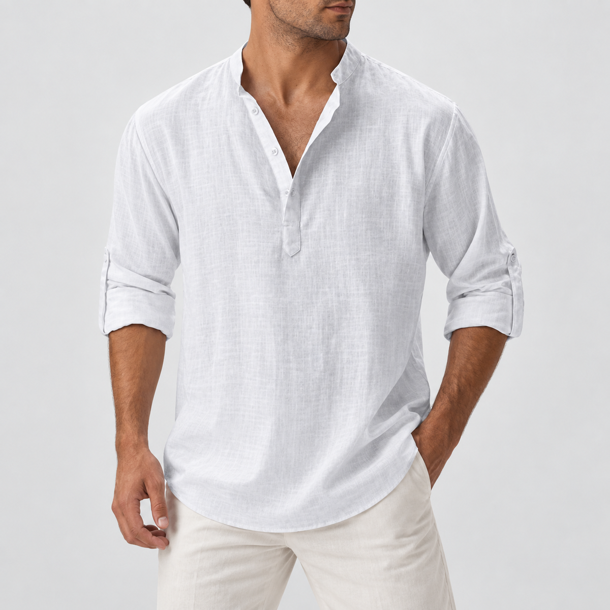Relaxed Fit Button Neck Henley Shirt in White, worn on a model.