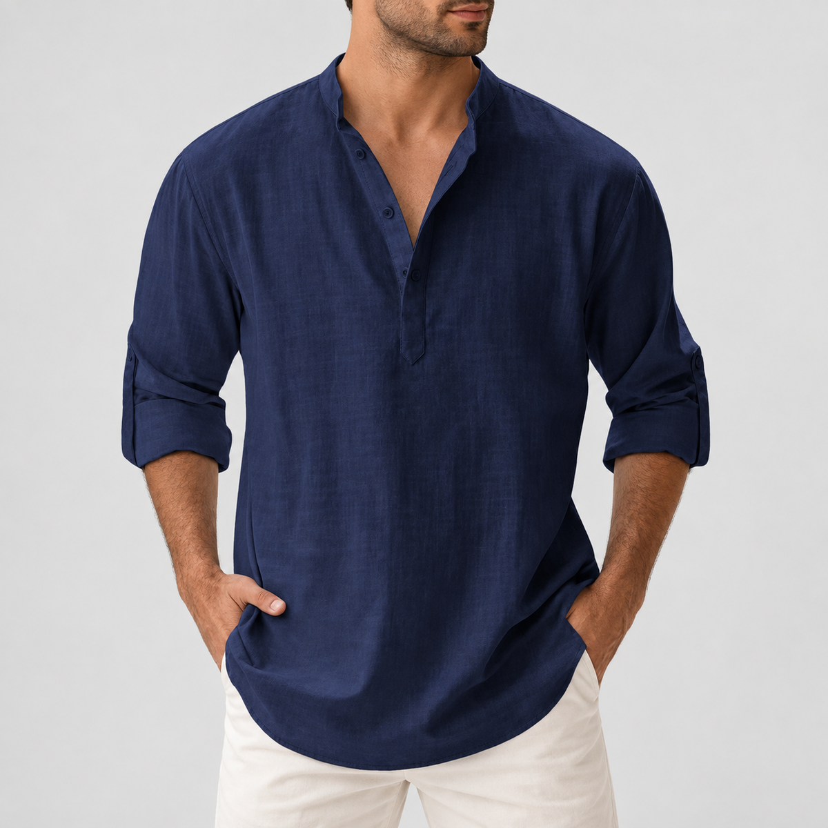 Relaxed Fit Button Neck Henley Shirt in Navy  Blue, worn on a model.