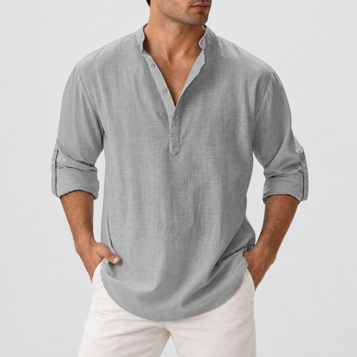 Relaxed Fit Button Neck Henley Shirt in Grey, worn on a model.