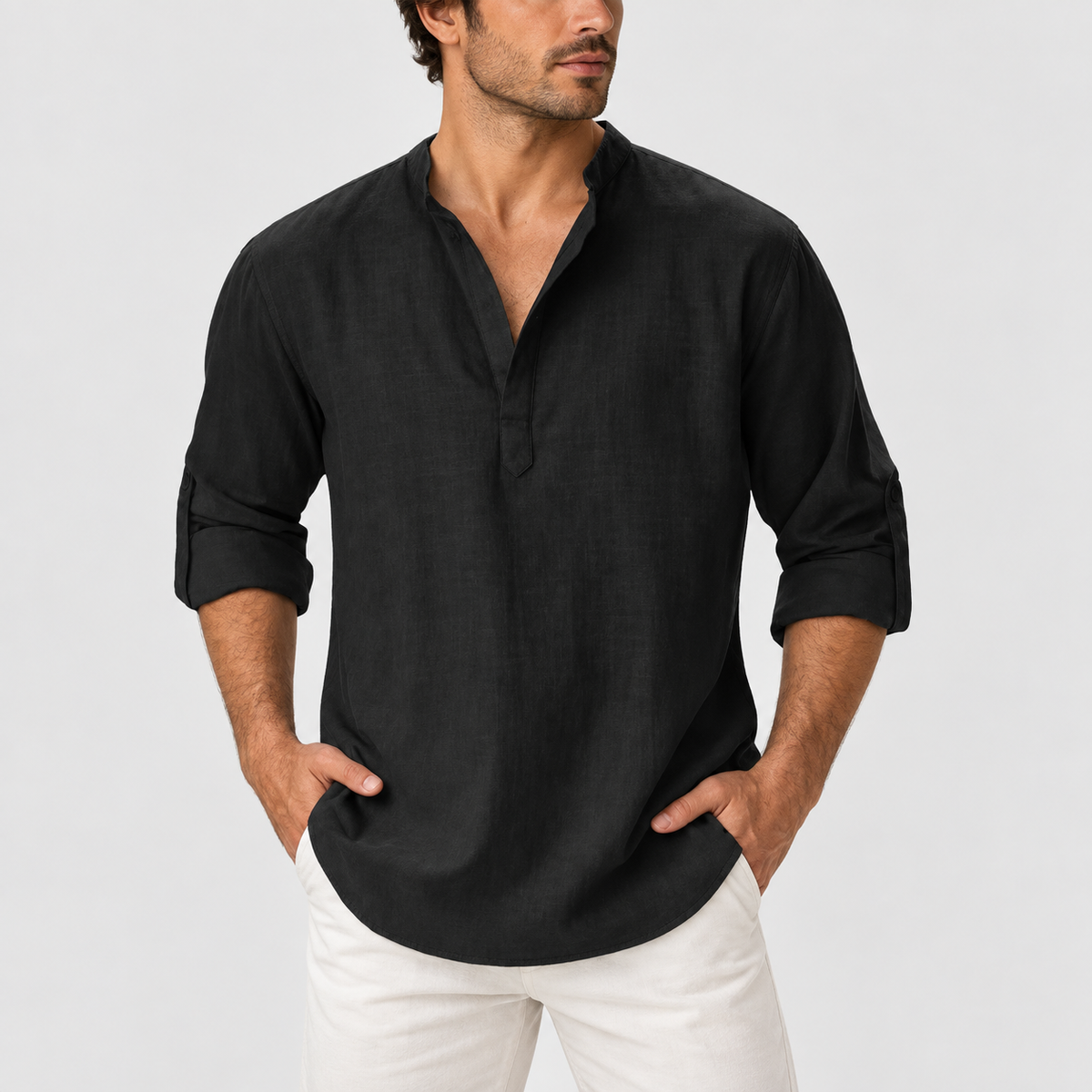Relaxed Fit Button Neck Henley Shirt in Black, worn on a model.