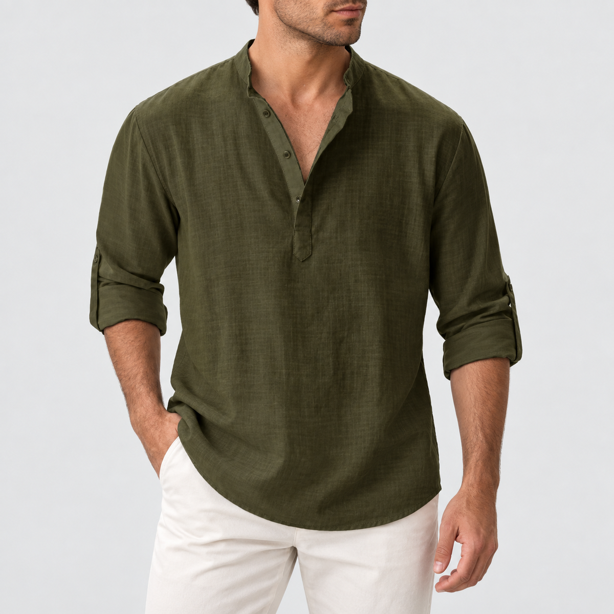 Relaxed Fit Button Neck Henley Shirt in Olive Green, worn on a model.