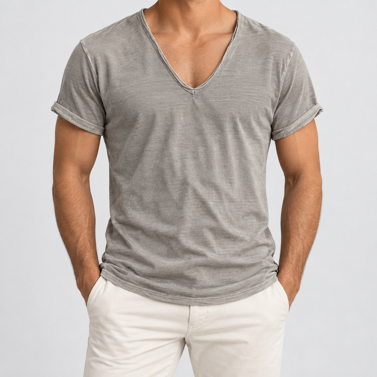 Slim Fit Short Sleeve V-Neck T-Shirt in Grey, worn on a model.
