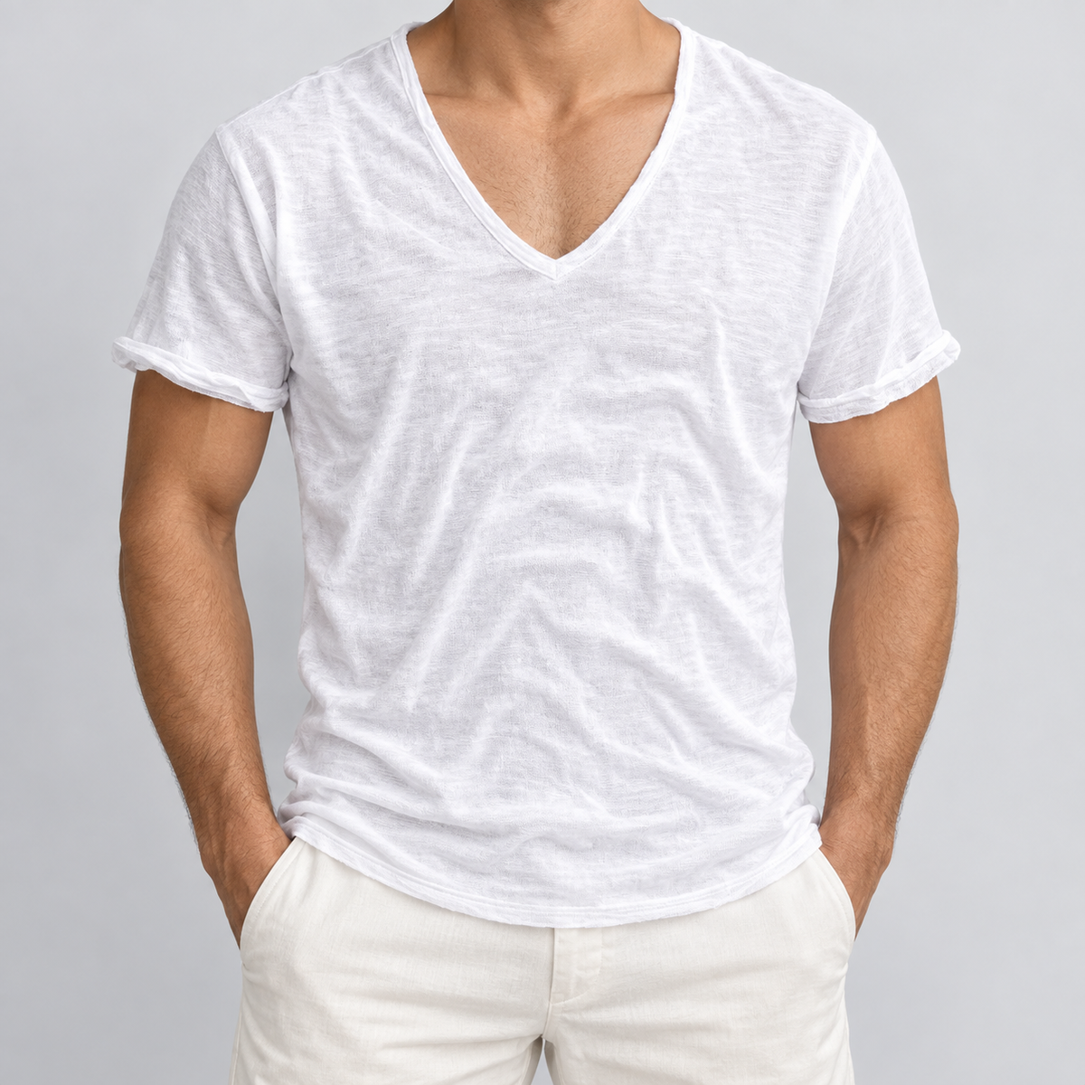 Slim Fit Short Sleeve V-Neck T-Shirt in White, worn on a model.