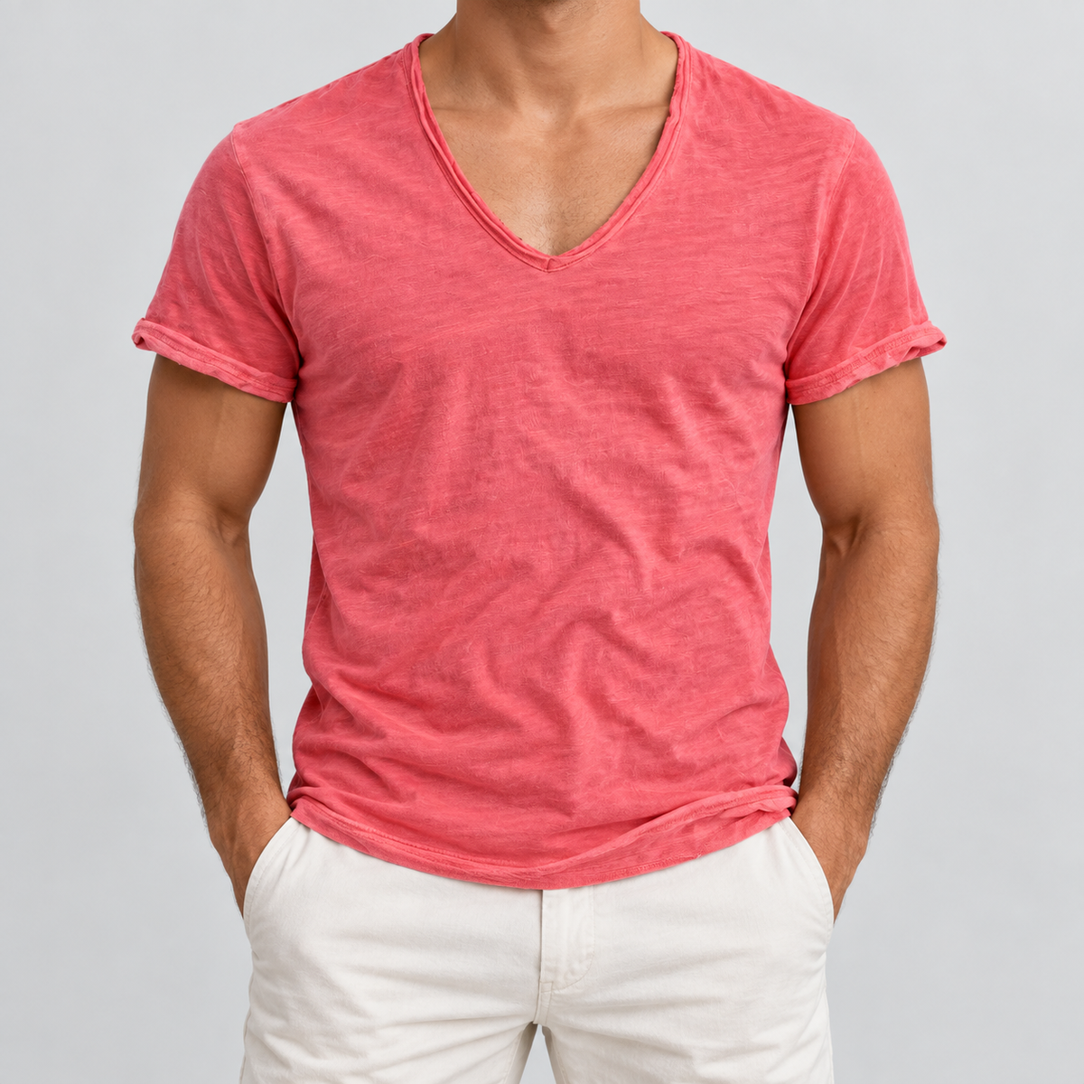Slim Fit Short Sleeve V-Neck T-Shirt in Pink, worn on a model.