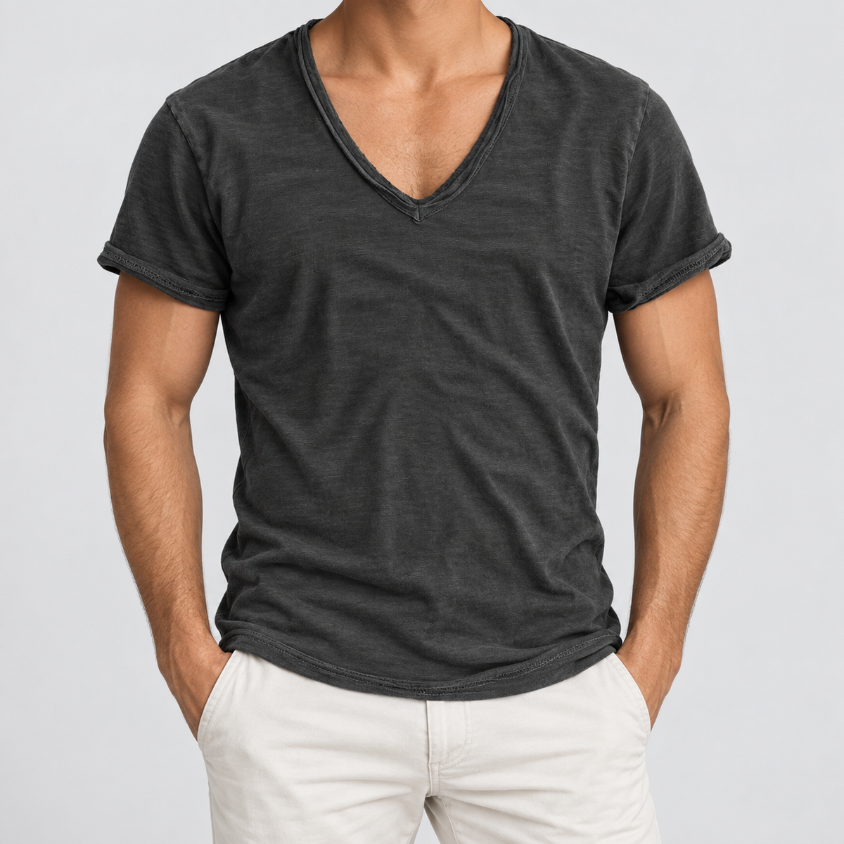 Slim Fit Short Sleeve V-Neck T-Shirt in Black, worn on a model.