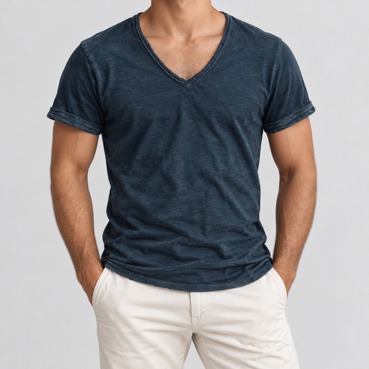 Slim Fit Short Sleeve V-Neck T-Shirt in Navy Blue, worn on a model.