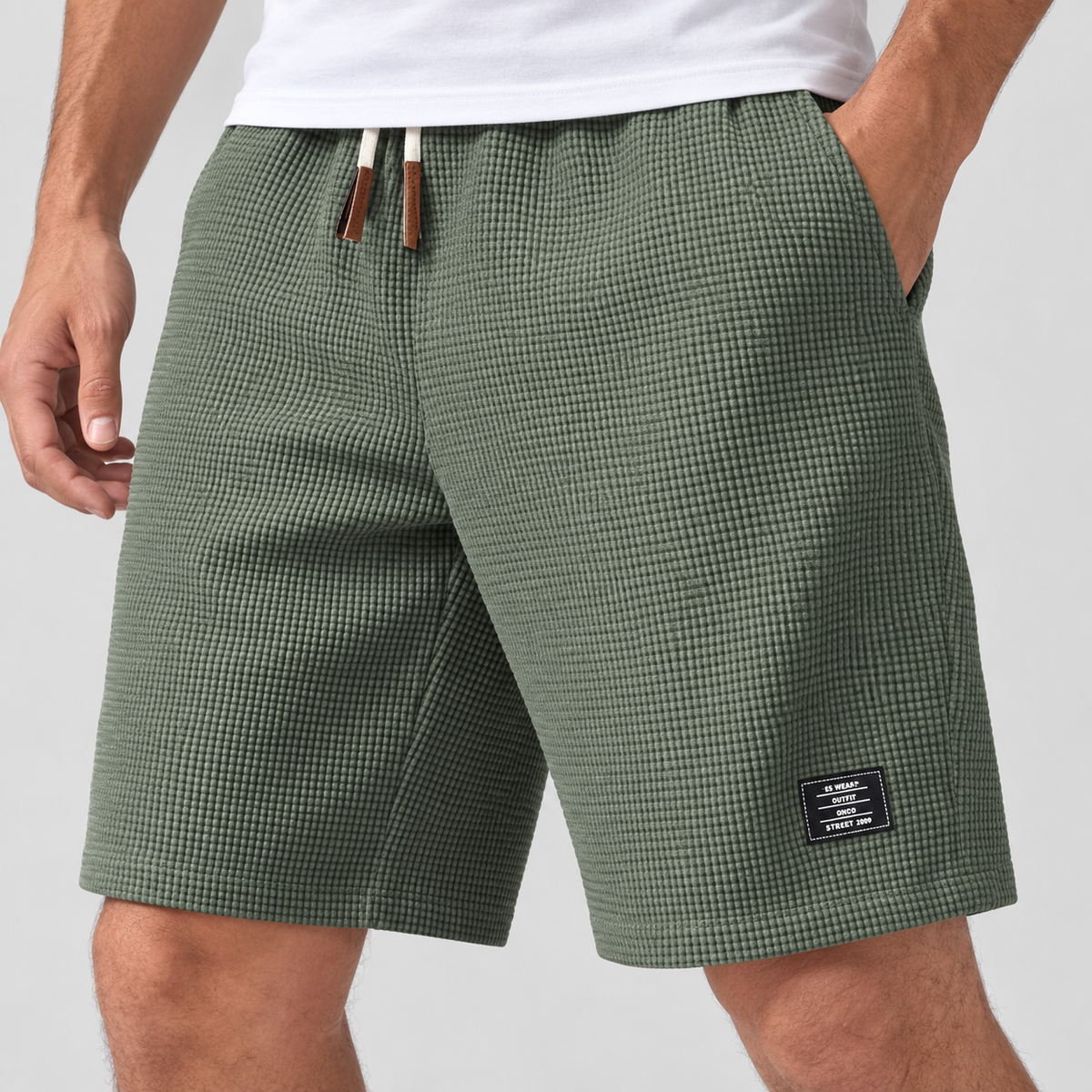 Relaxed Fit Waffle Texture Drawstring Shorts in Green, worn on a model.