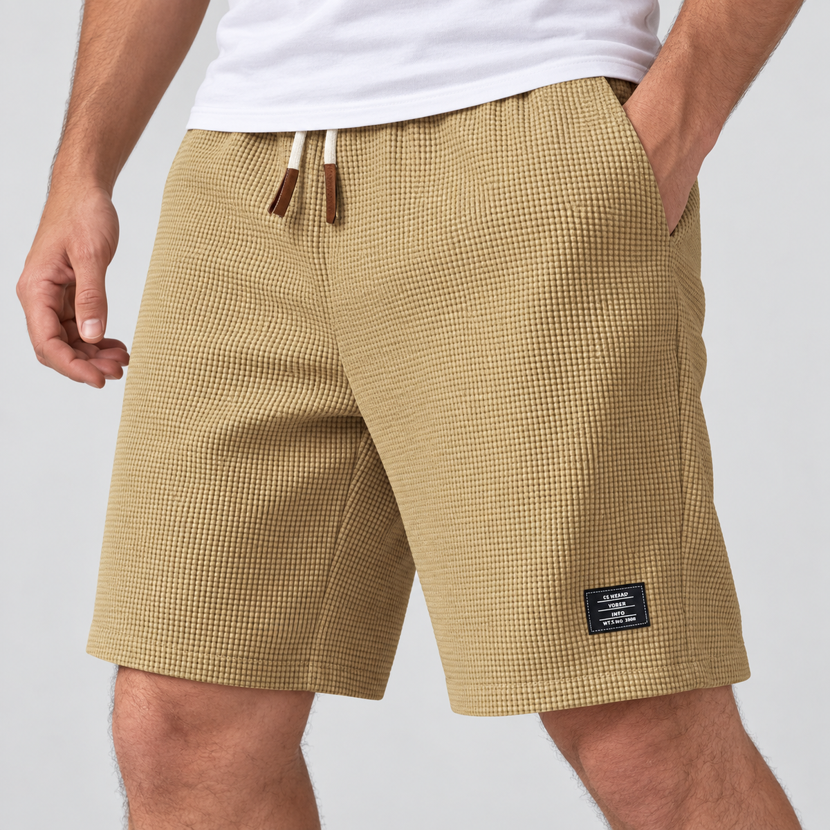 Relaxed Fit Waffle Texture Drawstring Shorts, worn on a model.
