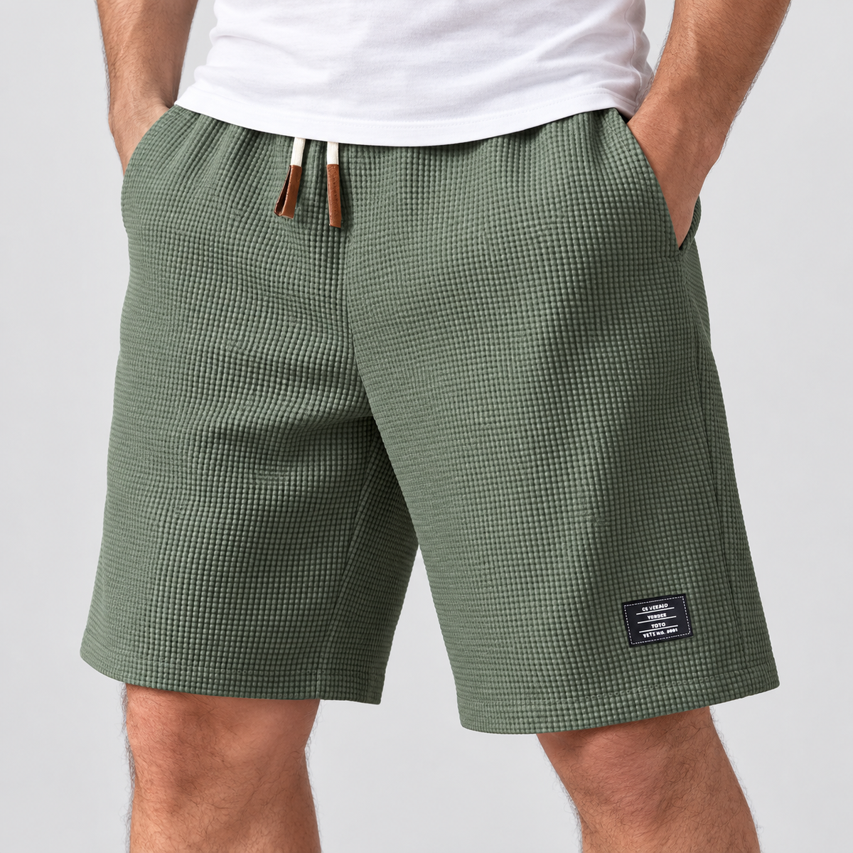 Relaxed Fit Waffle Texture Drawstring Shorts, worn on a model.