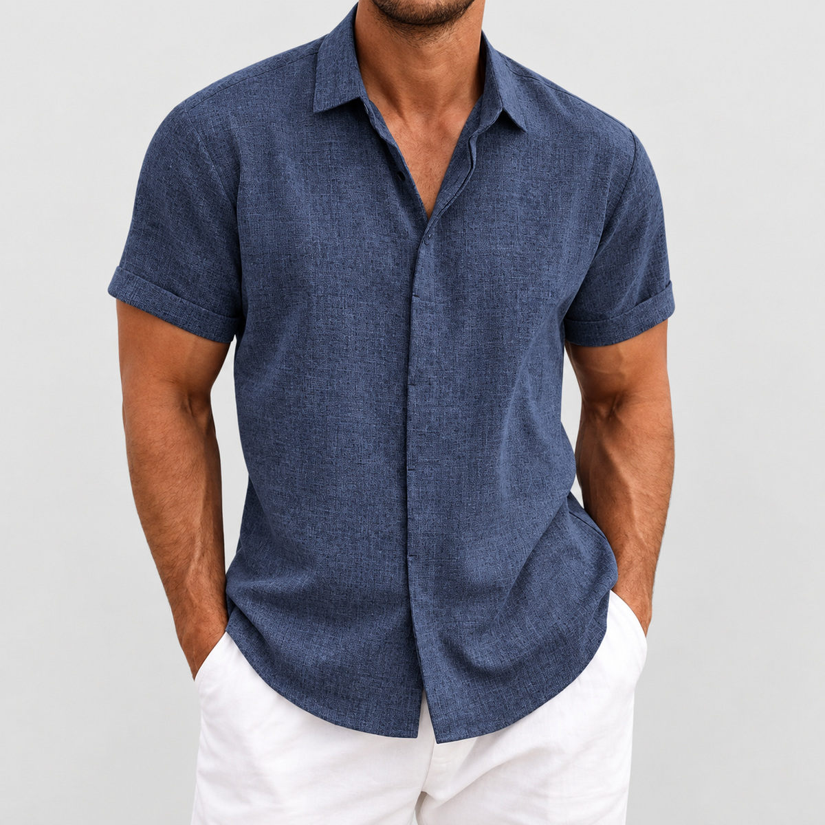 Relaxed Fit Short Sleeve Button Up Shirt in Dark Blue, worn on a model.