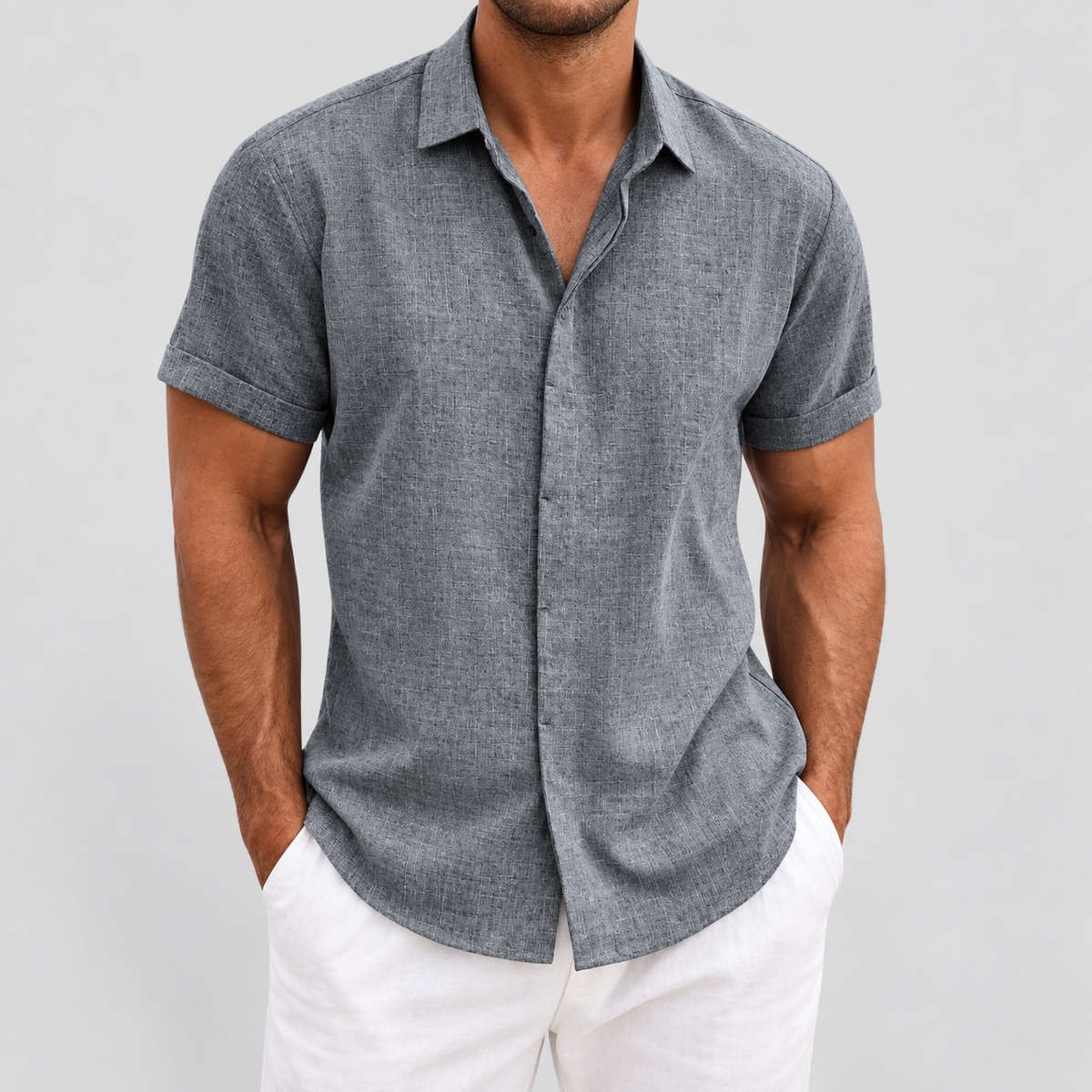 Relaxed Fit Short Sleeve Button Up Shirt in Grey, worn on a model.