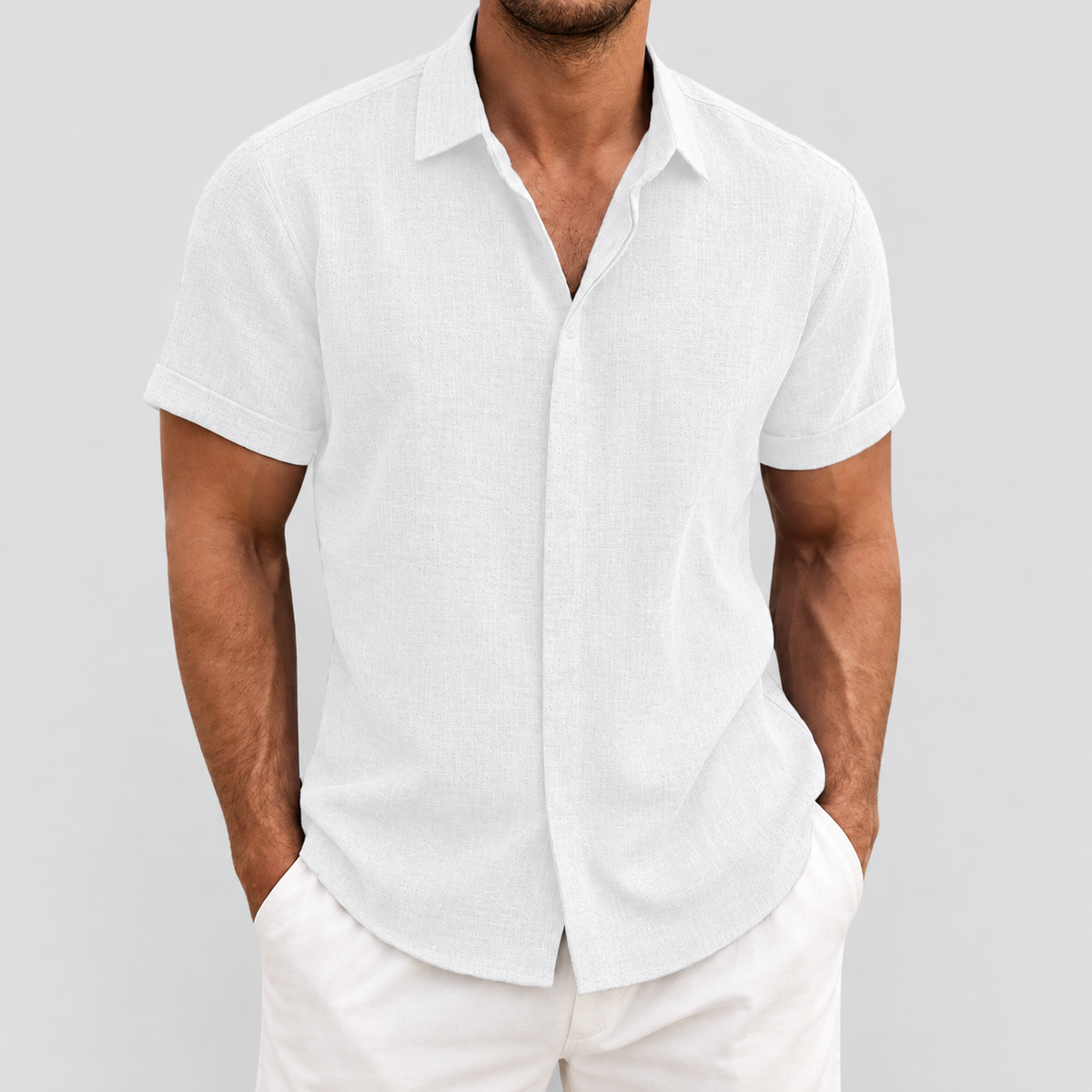 Relaxed Fit Short Sleeve Button Up Shirt in White, worn on a model.