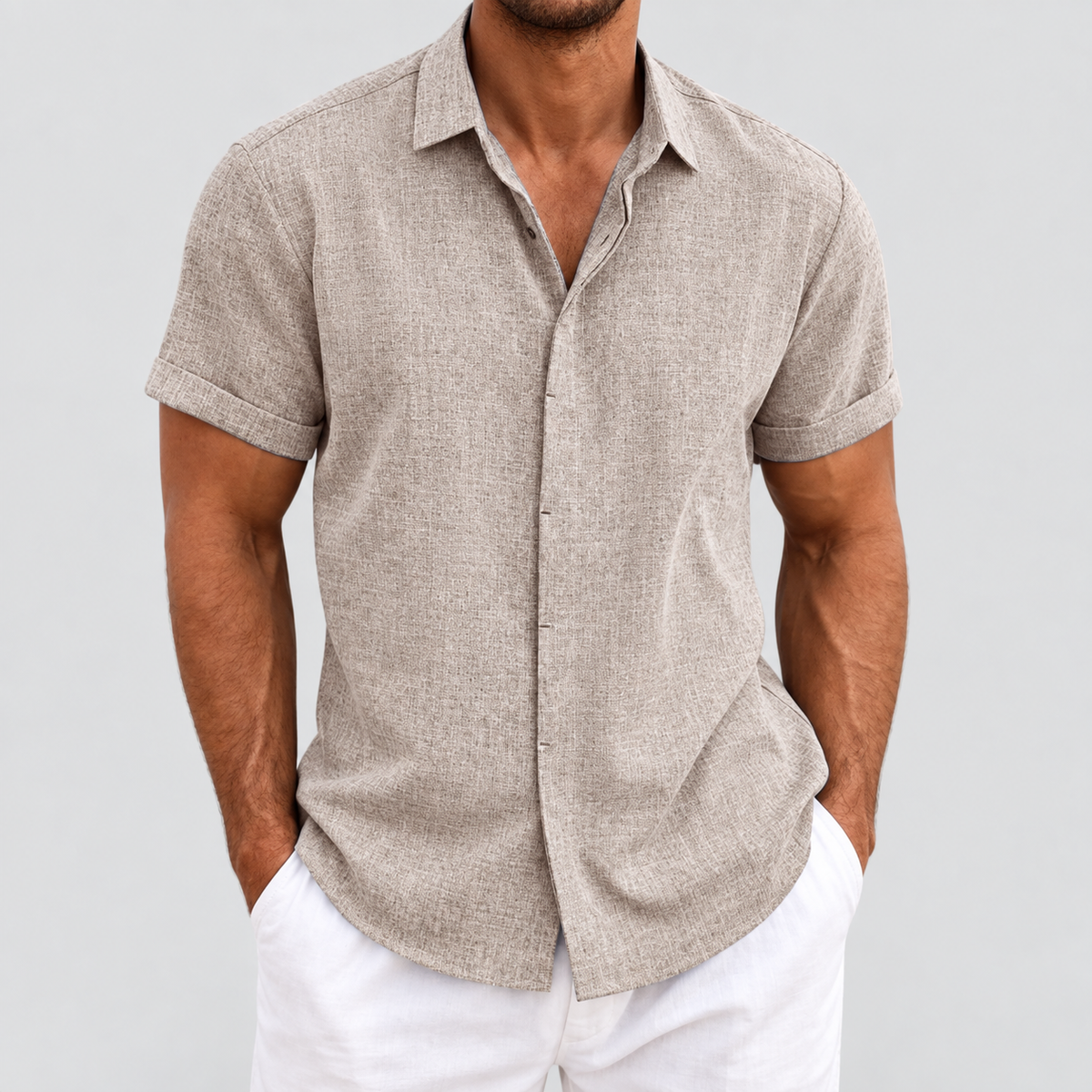 Relaxed Fit Short Sleeve Button Up Shirt in Khaki, worn on a model.