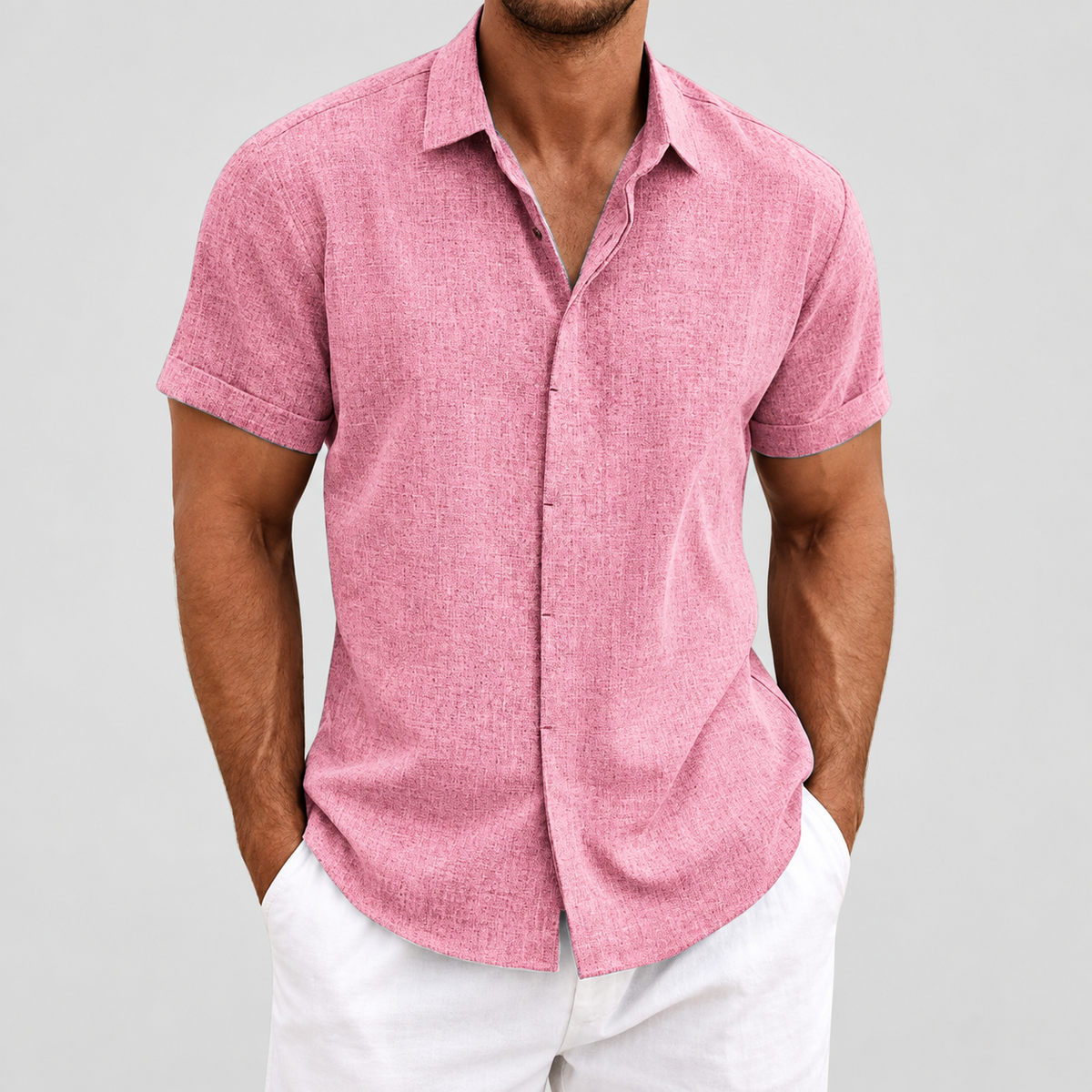 Relaxed Fit Short Sleeve Button Up Shirt in Pink, worn on a model.