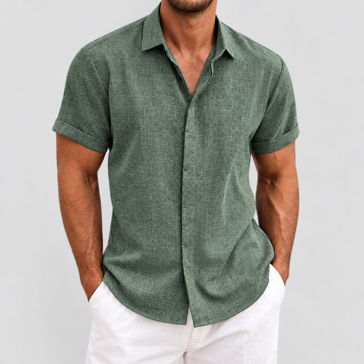 Relaxed Fit Short Sleeve Button Up Shirt in Army Green A, worn on a model.