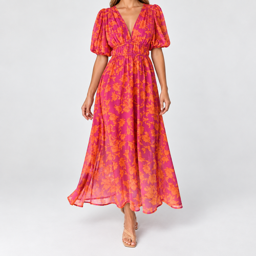 Floral V-Neck Maxi Dress with Puff Sleeves, worn on a model.