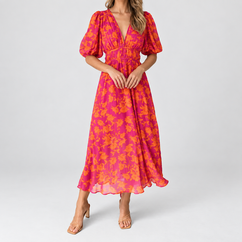 Floral V-Neck Maxi Dress with Puff Sleeves, worn on a model.