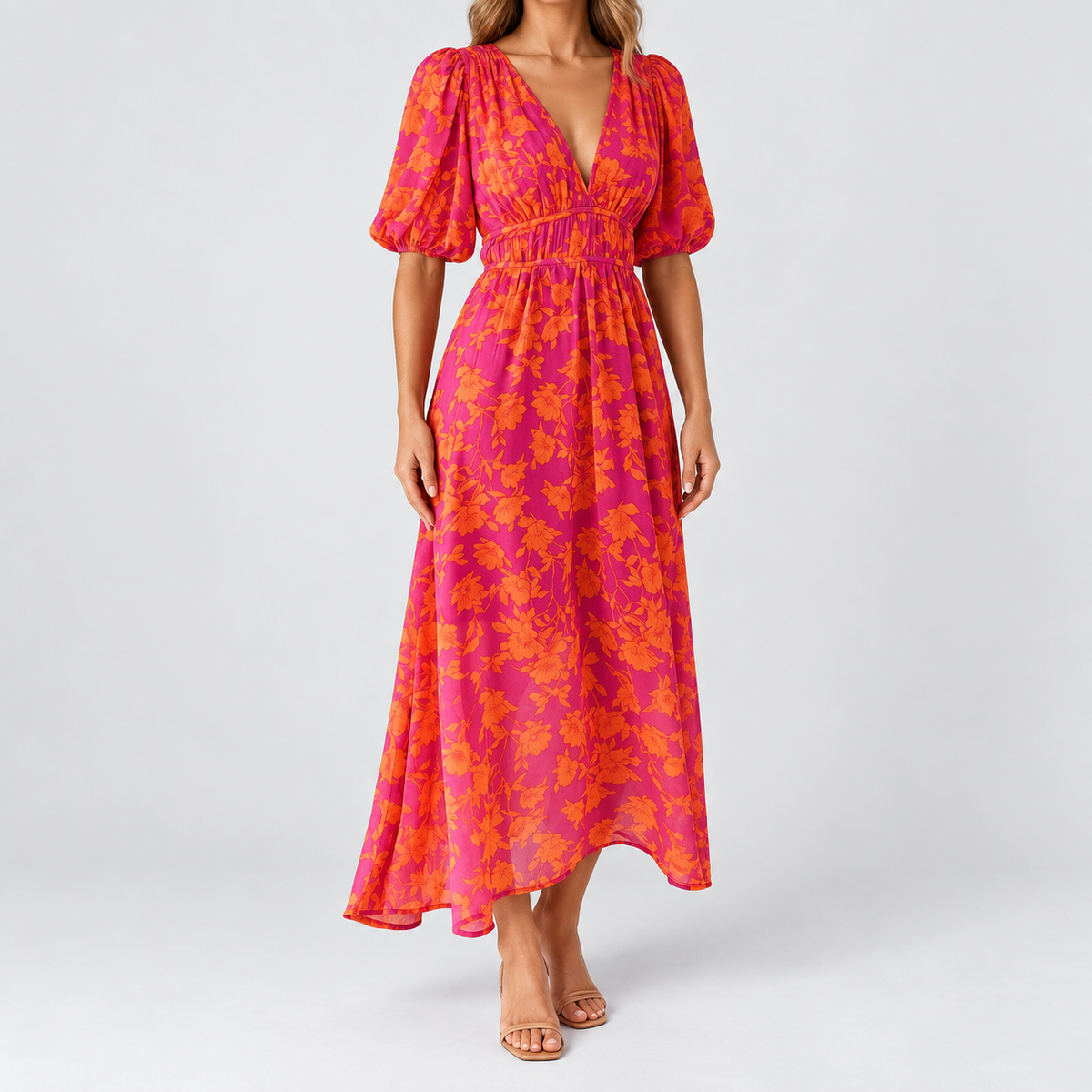 Floral V-Neck Maxi Dress with Puff Sleeves, worn on a model.