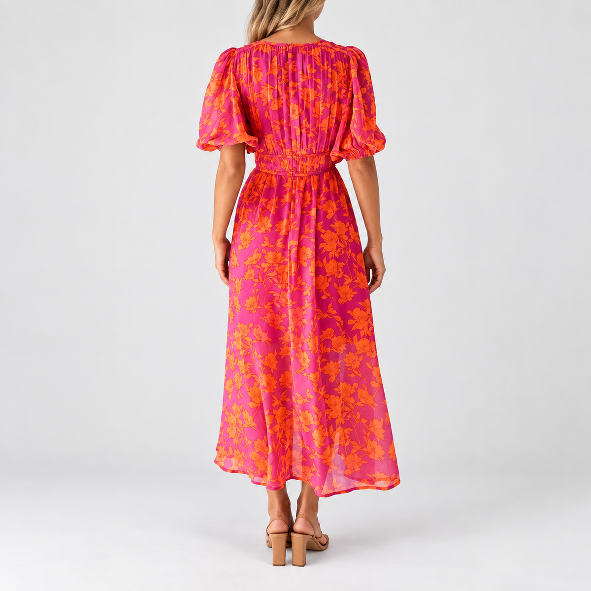 Floral V-Neck Maxi Dress with Puff Sleeves, worn on a model.