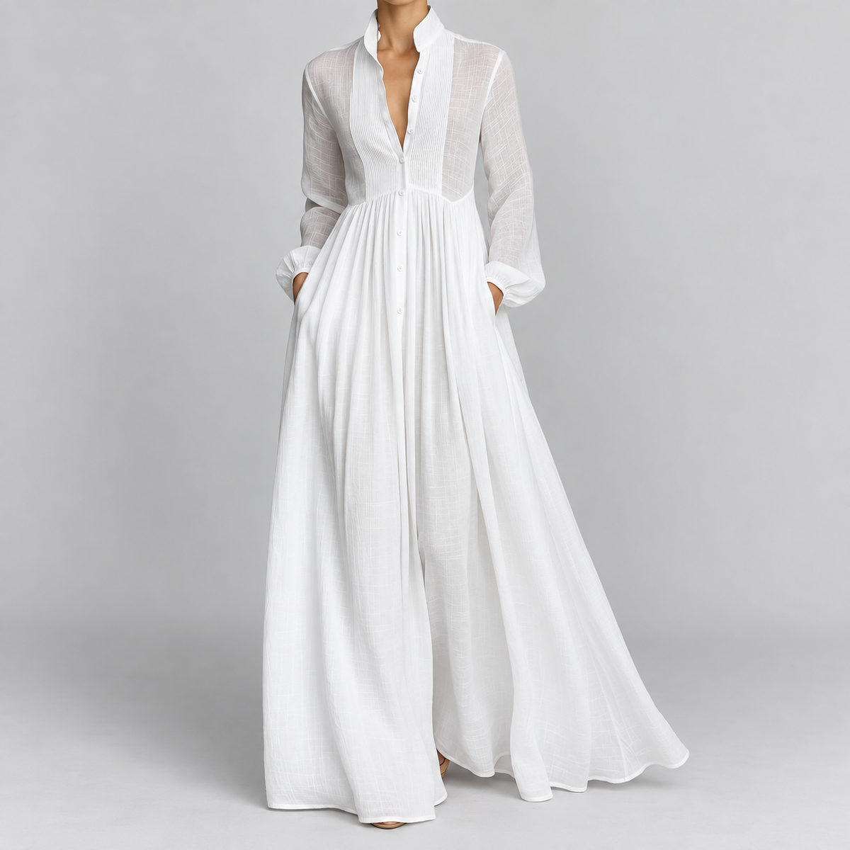 Long Sleeve Button Front A-Line Maxi Dress in White, worn on a model.