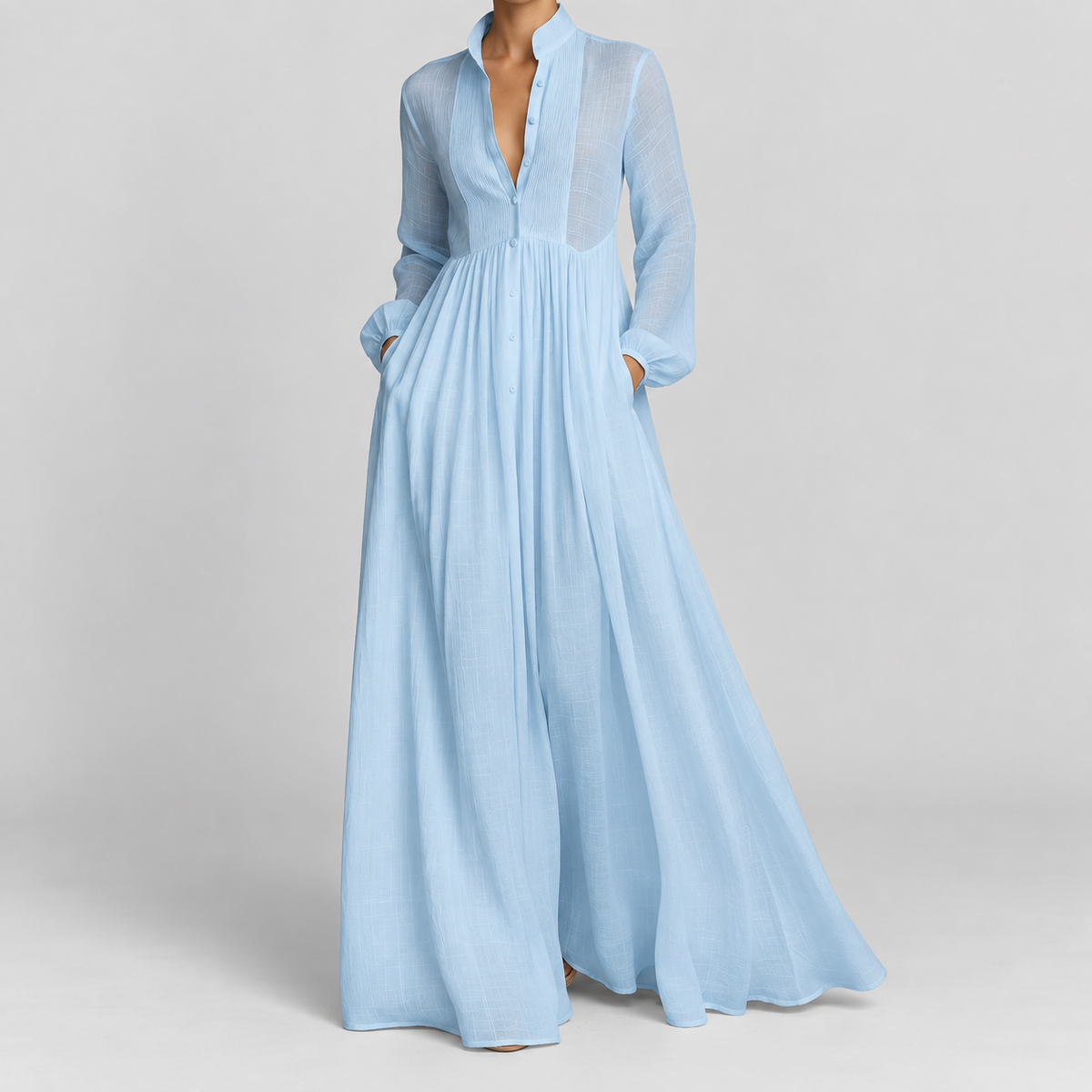 Long Sleeve Button Front A-Line Maxi Dress in Blue, worn on a model.