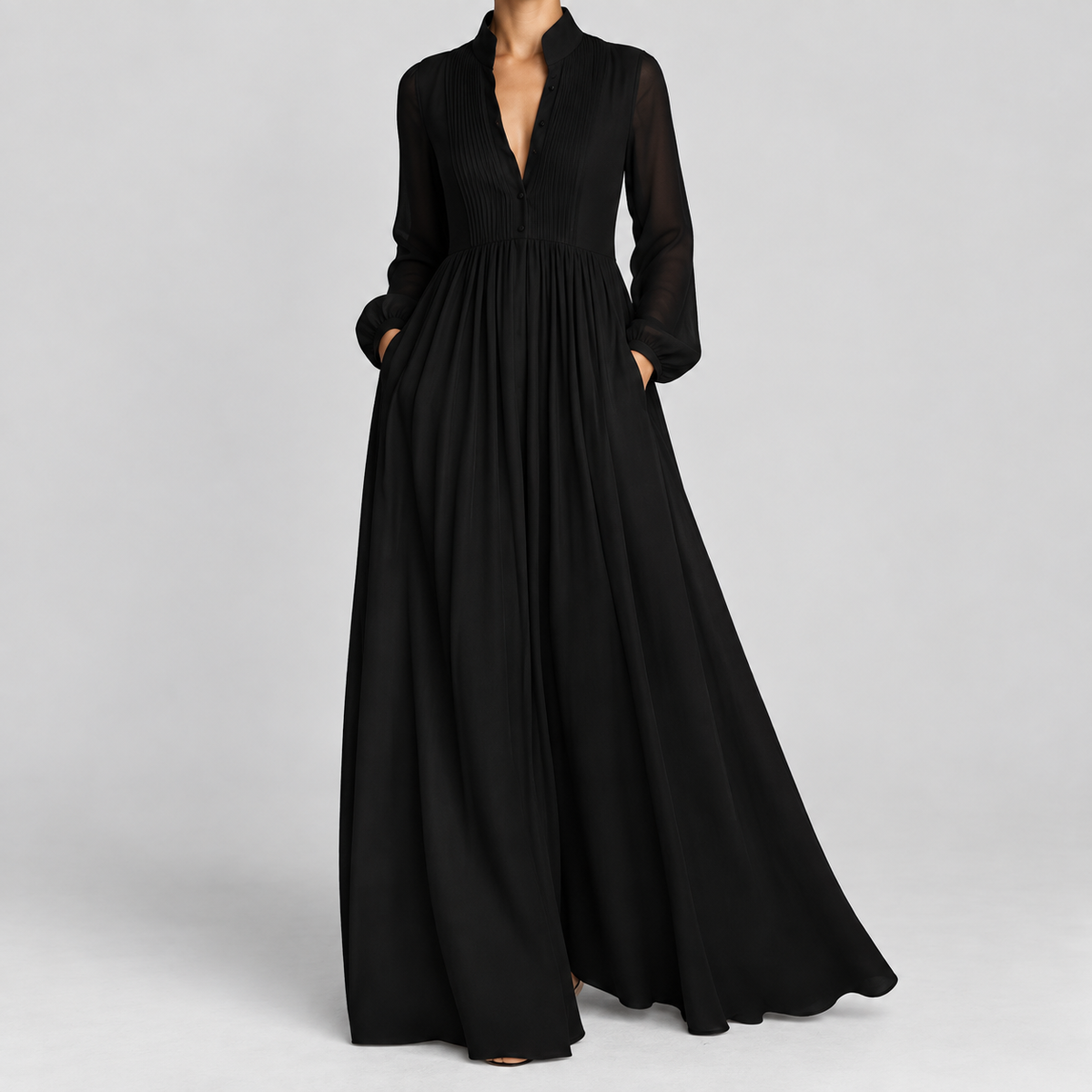 Long Sleeve Button Front A-Line Maxi Dress in Black, worn on a model.