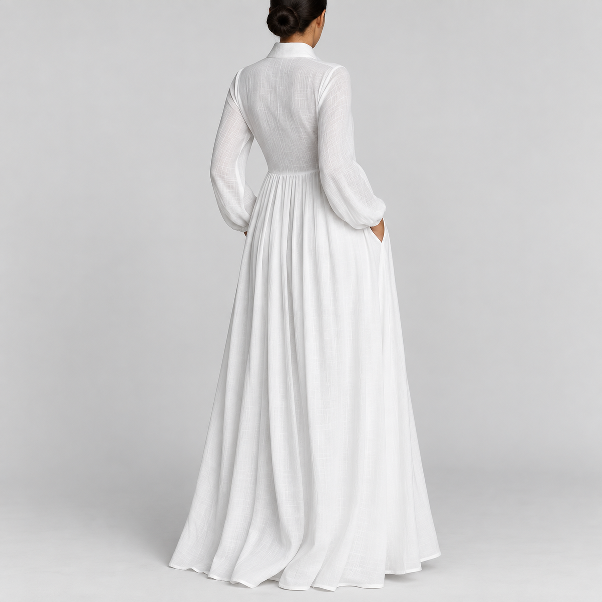 Long Sleeve Button Front A-Line Maxi Dress, worn on a model.