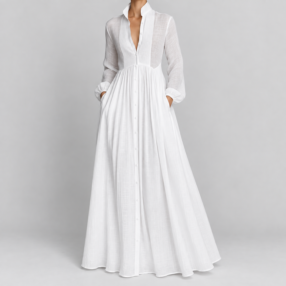 Long Sleeve Button Front A-Line Maxi Dress, worn on a model.