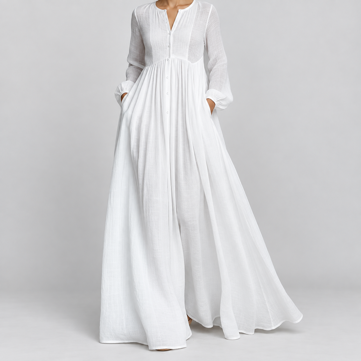 Long Sleeve Button Front A-Line Maxi Dress, worn on a model.