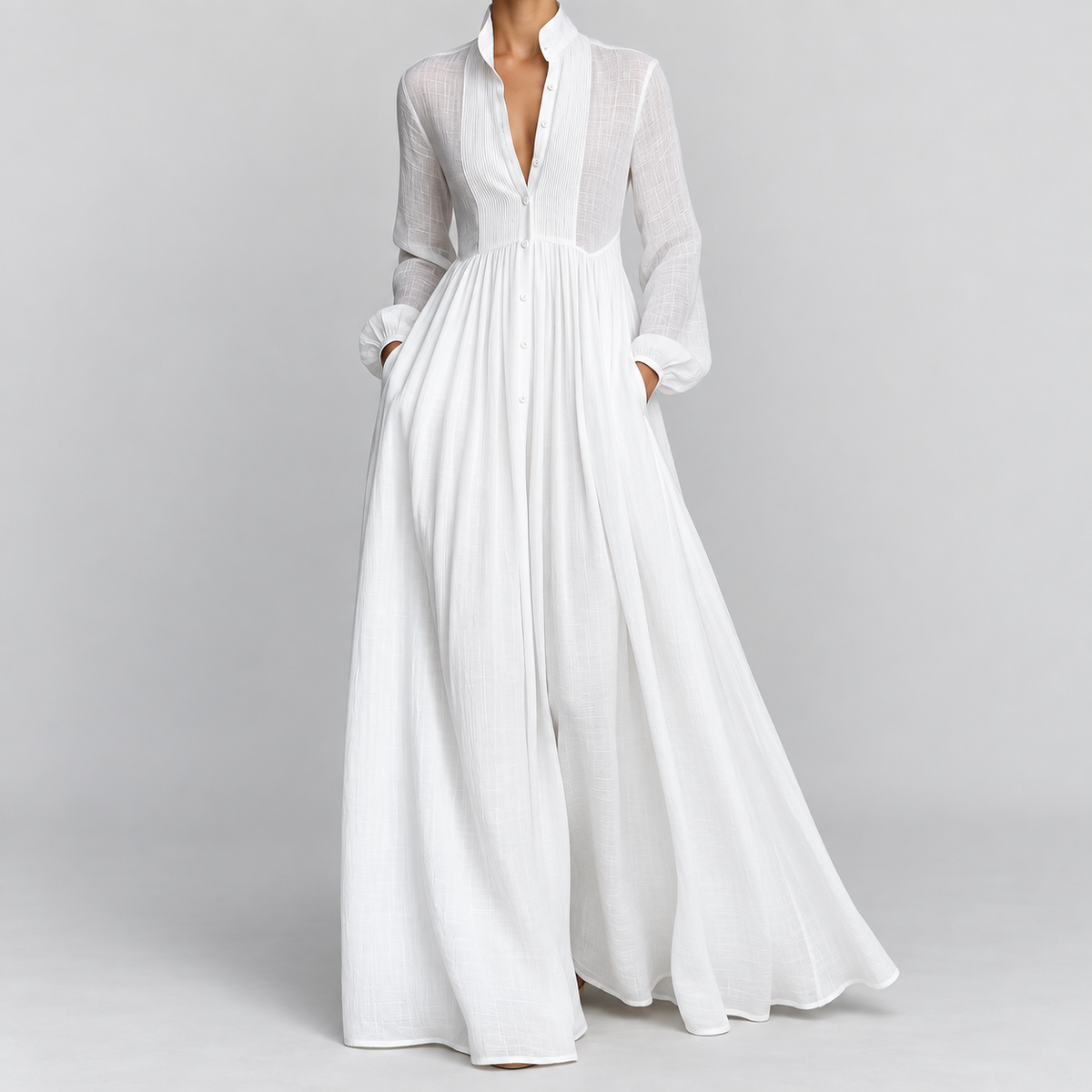 Long Sleeve Button Front A-Line Maxi Dress, worn on a model.