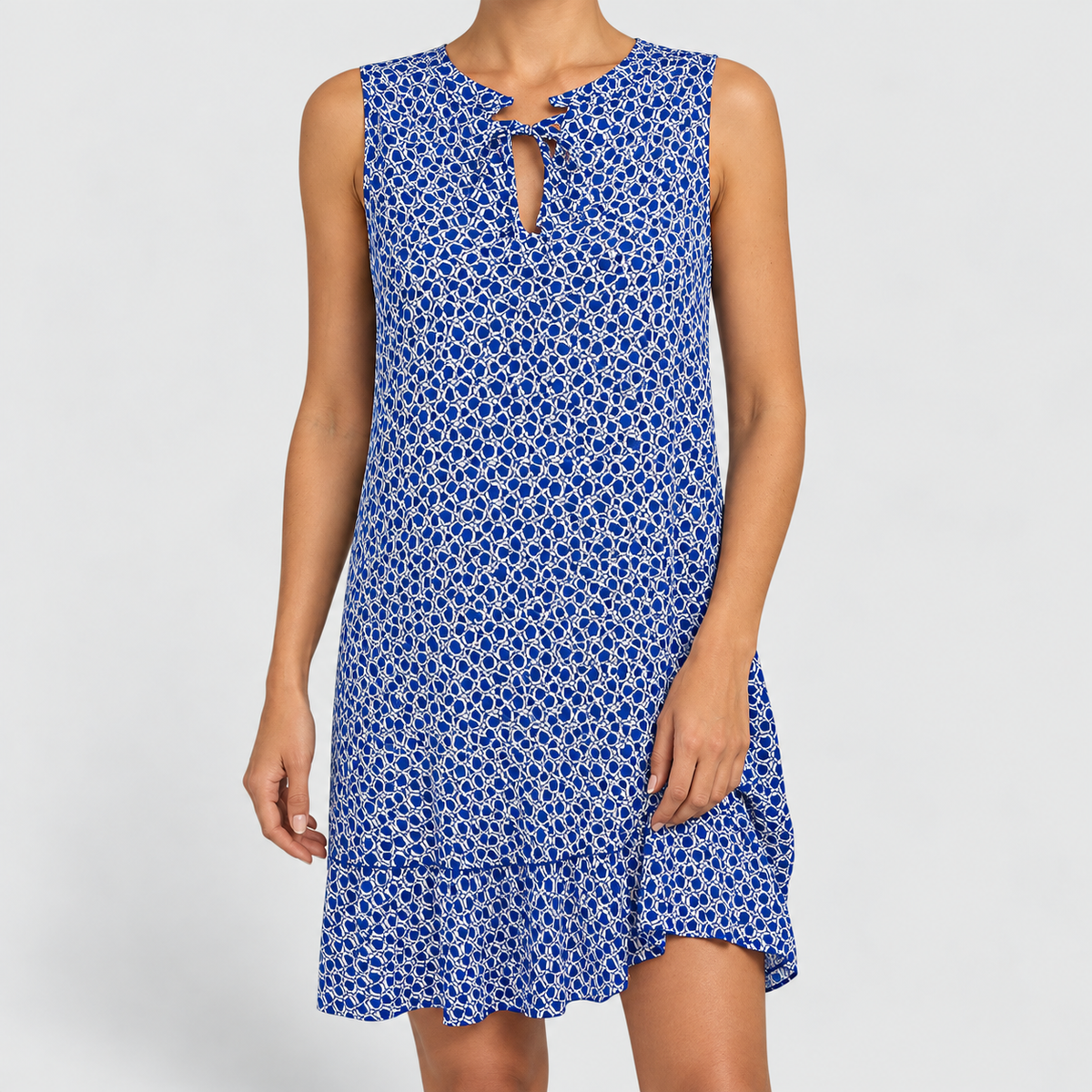 Sleeveless Printed Shift Mini Dress with Neck Tie in Blue, worn on a model.